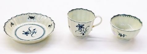Late eighteenth-century Worcester porcelain blue and white tea bowl, coffee cup and saucer, fluted
