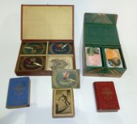 Reynolds and Sons Bezique set, in red Morocco case and various old card games