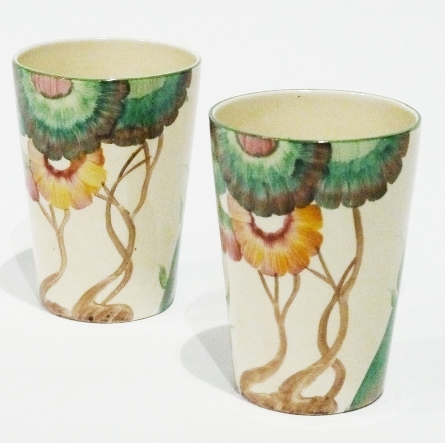 Pair Clarice Cliff 'Aurea' pattern beakers, each 11cms high