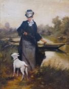 Oil on canvas
Francisco Miralles (1848 -1901)
Victorian lady with parasol and land beside river with