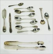 Quantity Georgian and later silver teaspoons, Victorian silver fish knife, pair sugar tongs and