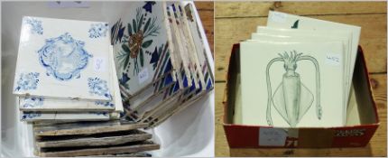 Quantity faience and delft style tiles and Spanish modern tiles (2 boxes)