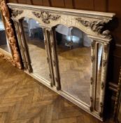 Large modern overmantel mirror , cream crackled glazed effect frame, with column and foliate