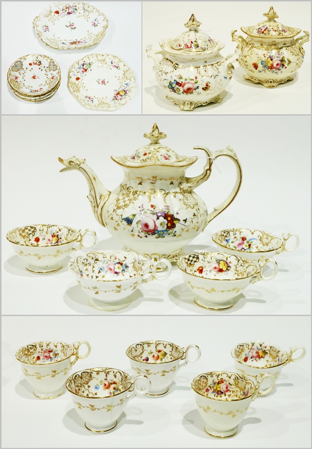 Victorian china part teaset, viz:- baluster-shaped panelled teapot with everted rim, scroll
