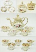 Victorian china part teaset, viz:- baluster-shaped panelled teapot with everted rim, scroll