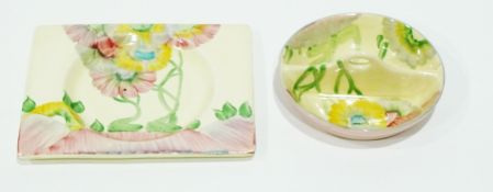 Clarice Cliff 'Pink Pearls' two section preserve dish and 'Pink Pearl' small rectangular plate