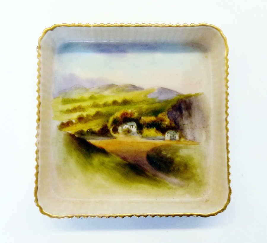 1909 Royal Worcester porcelain dish, square with deep fluted rim, decorated with overglaze painted