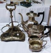 Silver-plated four piece tea/coffee set with gadrooned and scroll everted rims, plated three