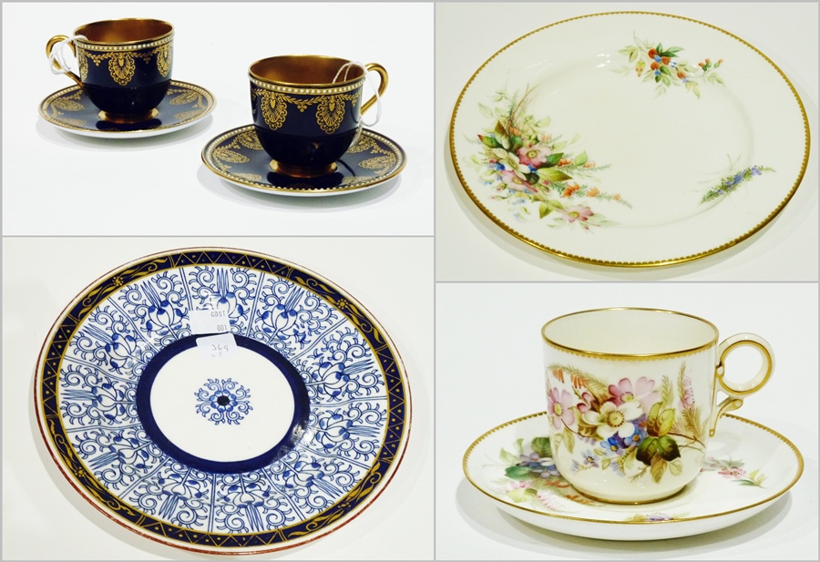 Pair Victorian Royal Worcester porcelain cabinet cups and saucers, each royal blue and gilt with