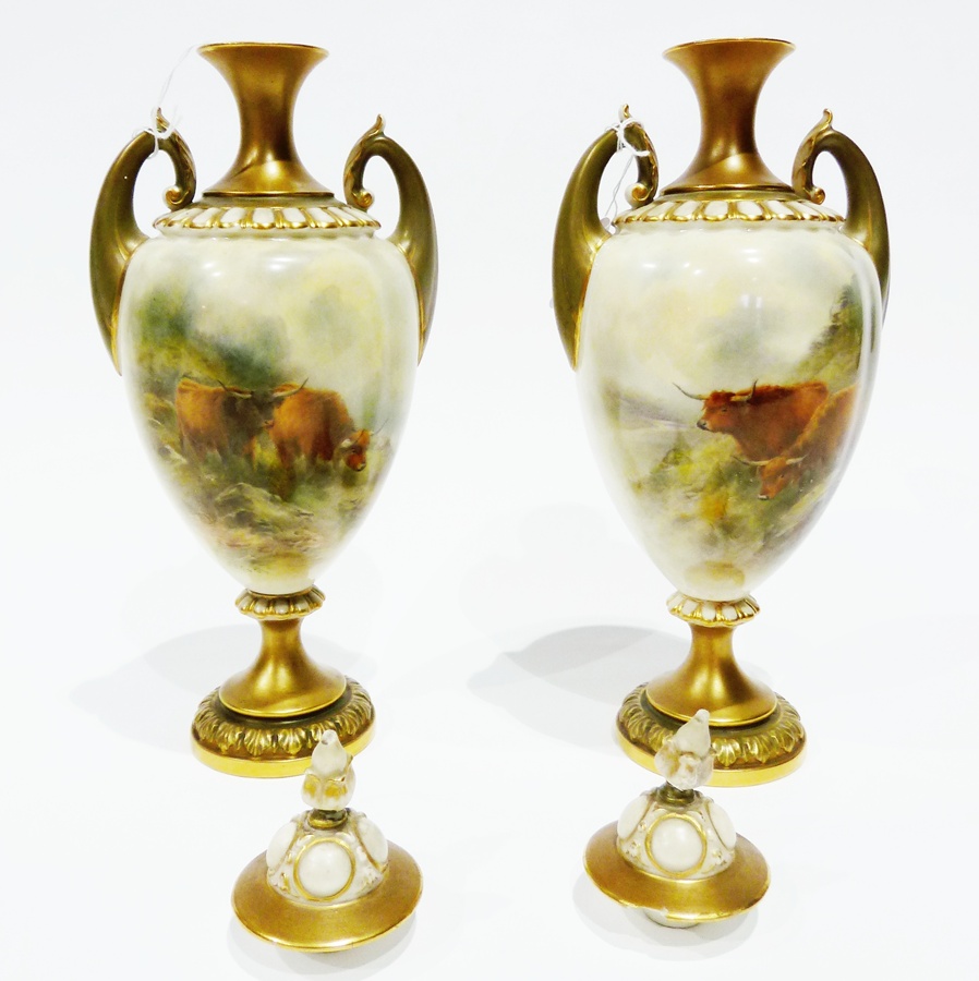 A pair Royal Worcester porcelain ovoid-shaped vases, with gilt glazed trumpet necks, and handles,