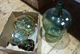 Four spherical aqua glass floats and a glass bell jar (5)