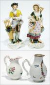 An 18th century sparrowbeak jug, with over-glazed painted floral sprays, and another jug, "