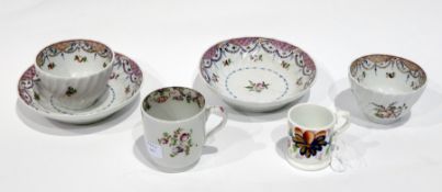 Pair early English porcelain tea bowls and saucers, all with wrythen moulding, painted with floral