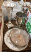 Silver plated wine cooler, trumpet shaped vase and two trays (4)