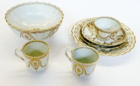Royal Worcester-style porcelain part tea service, comprising two cups and saucers, one tea bowl, one