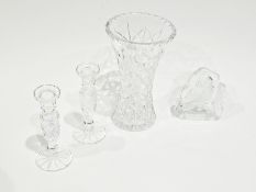 A waisted cut glass vase, with trelliswork, pair cut glass candle sticks,  and a cut glass