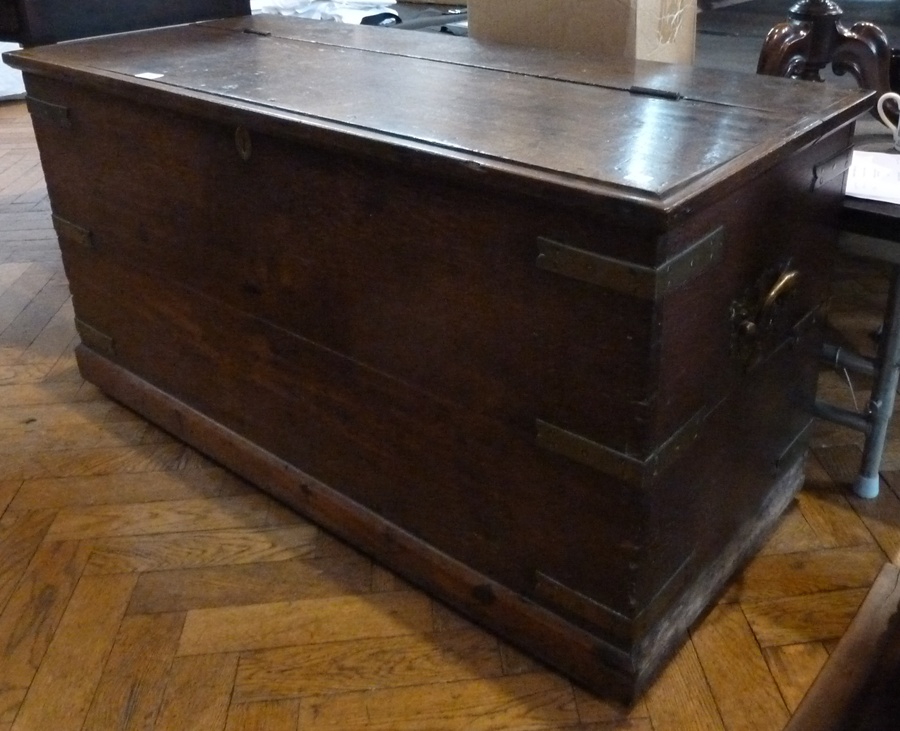 Old oak coffer, brass bound on plinth base, 108cm wide