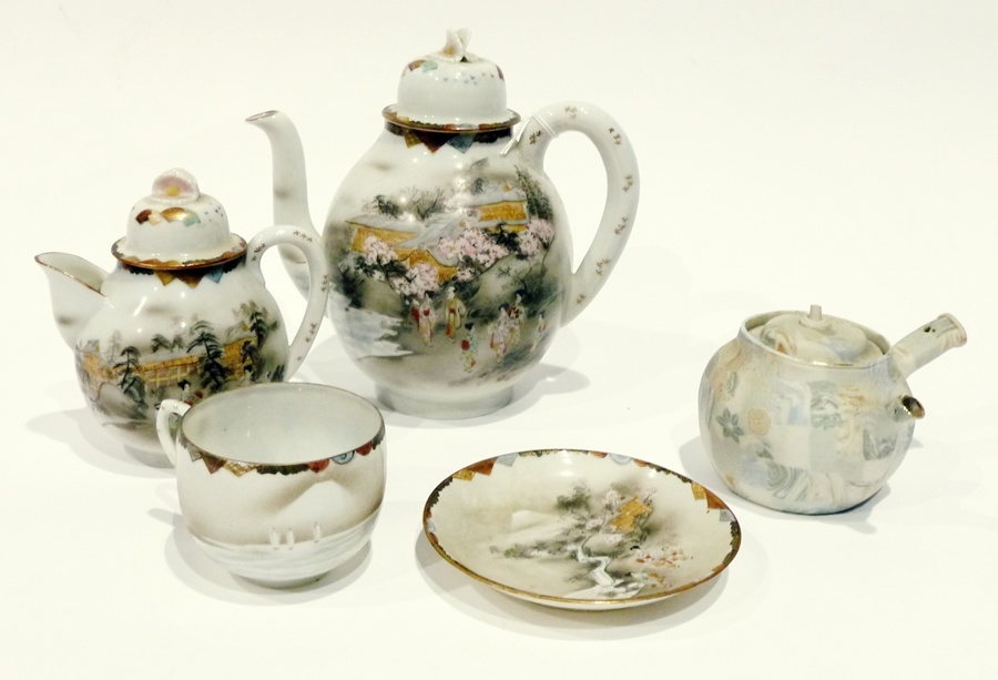 Japanese eggshell china part tea service, figure and landscape decorated and a stoneware teapot