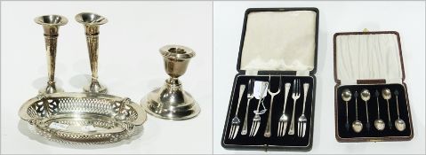 Set of six  silver coffee bean spoons, Birmingham 1929, cased,  silver mounted candle holder, the