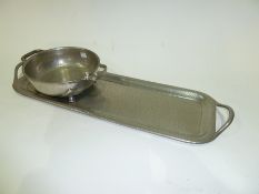 Roundhead hammered pewter bowl, two handled scroll supports and Roundhead pewter long tray,