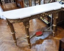 Reproduction giltwood marble-topped D-shaped console table, foliate carved, with column style