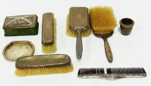 Two silver backed hairbrushes,  two silver backed clothes brushes, silver trinket dish shaped