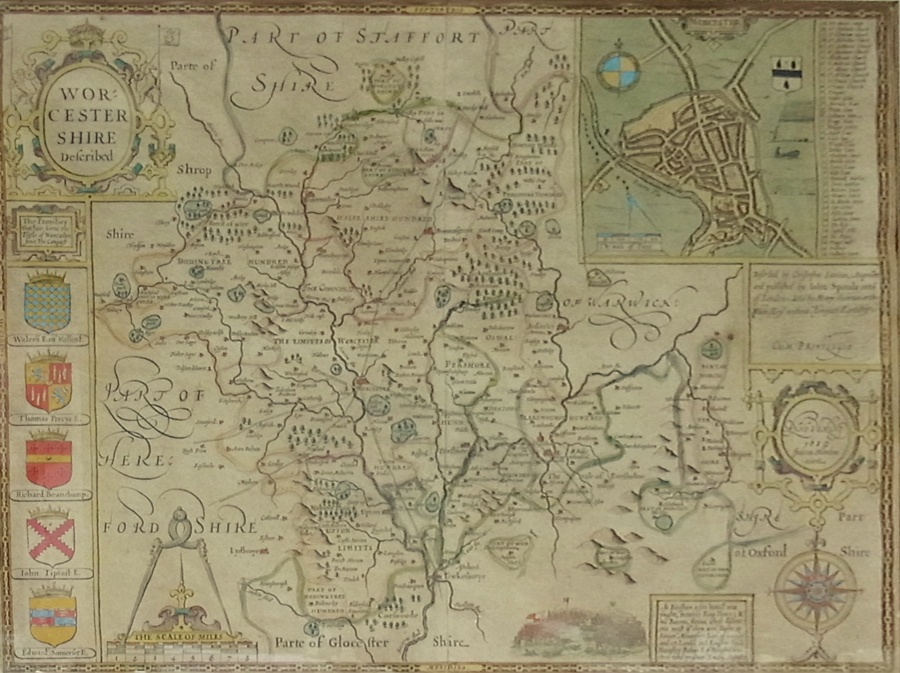 Old handcoloured engraved map of Worcestershire 
John Speede, After Christopher Saxton
Having