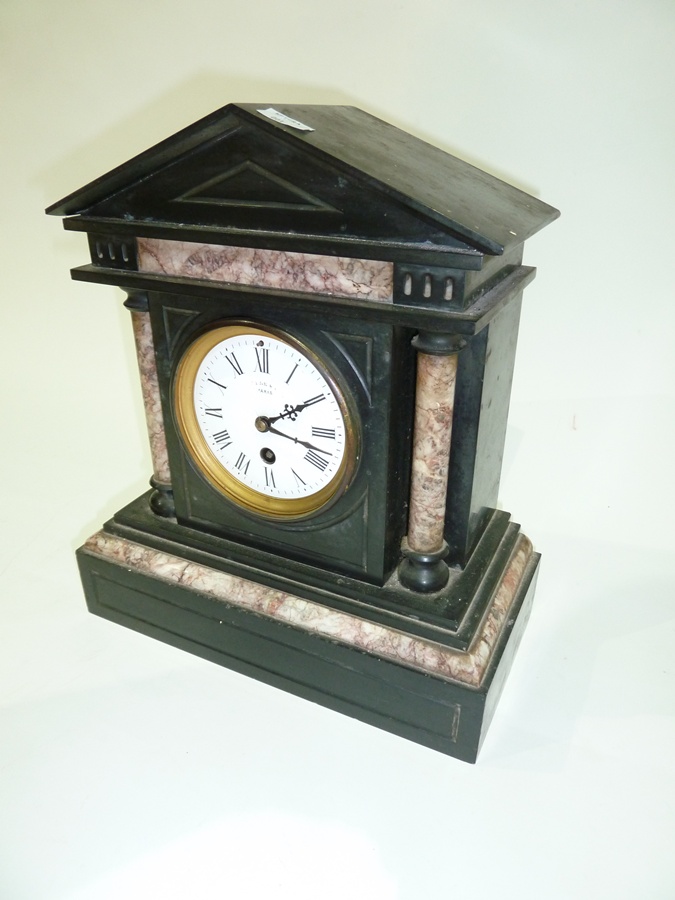 19th century black slate and marble mantel clock,  French movement in architectural style case