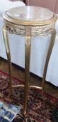 Pair reproduction giltwood and marble circular topped pie tables, on long slender cabriole legs