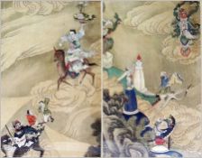 Pair Japanese painted silk pictures of a warrior riding a tiger followed  by further figures on