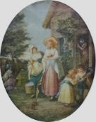 Pair colourprints
18th century scenes,  
"Noon Day" and "Morning", small, oval