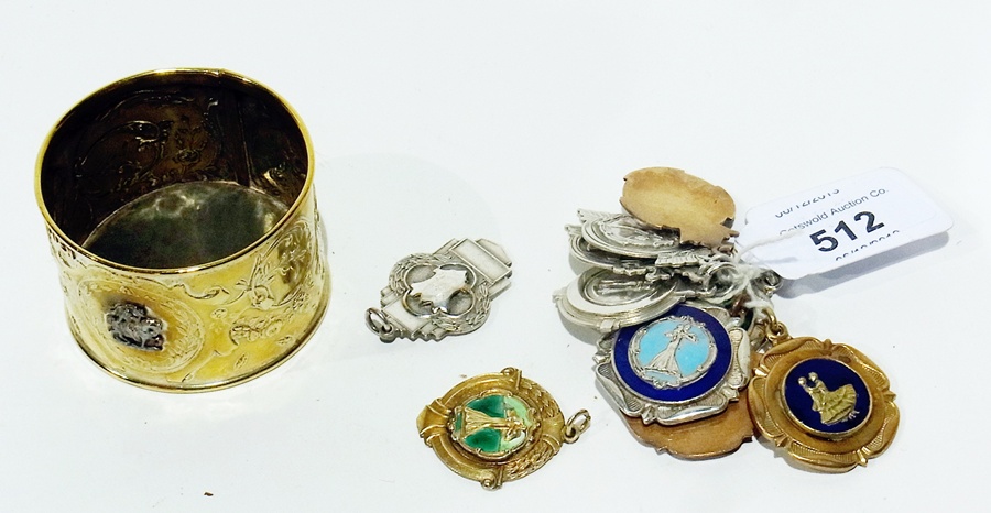 Ten fob medallions including sterling and silver and small brass trinket pot inscribed 'Rouen'