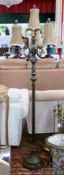 Pair modern bronze effect standard lamps, with pointed finials,on candelabrum style base to column