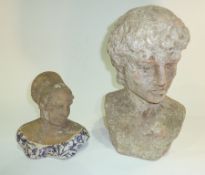 Stone effect bust of classical male figure and another ceramic head and shoulders bust of