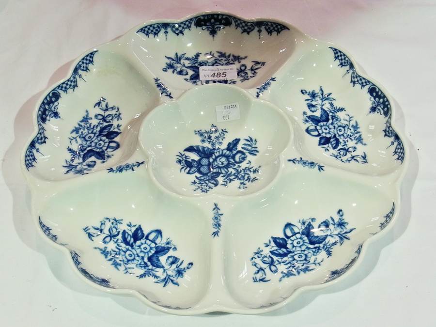 Royal Worcester china hors d'oeuvres set decorated in 18th century blue and white pattern sprays