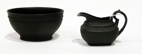 Nineteenth-century Wedgwood black basalt sugar bowl, oval and semi-gadrooned with rope border, W: 15