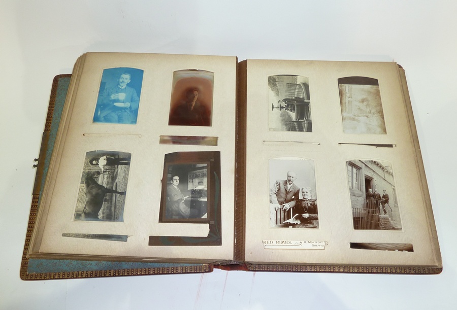 Victorian photograph album, hide bound, containing quantity black and white and sepia photographs