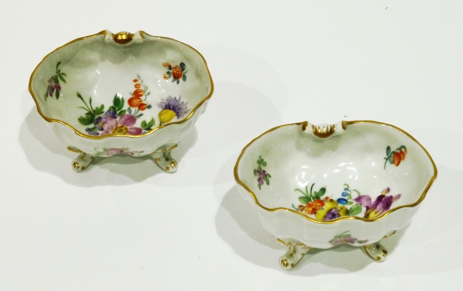 Pair Hochst shell trinket dishes, each painted with floral spray on gilt foliate scroll supports