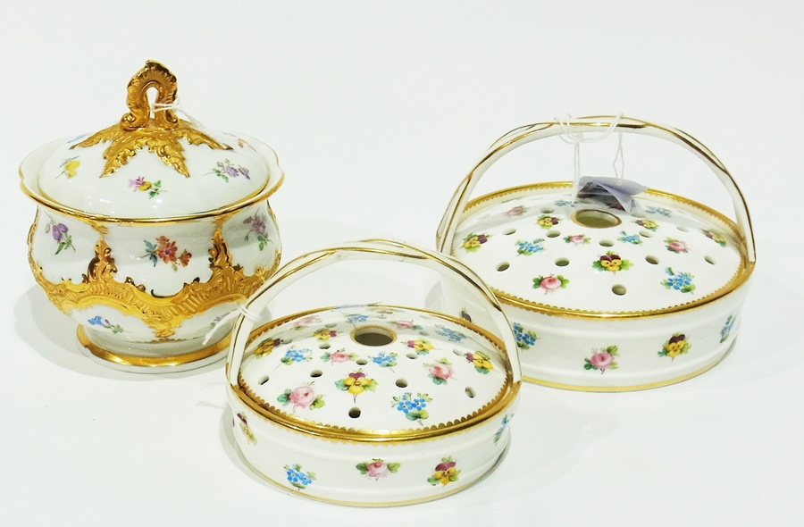 Minton china pot pourri basket with twisted handle, forget me not, pansy and other flower decorated,