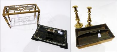 Pair brass candlesticks, brass trivet, papier mache inkstand base and woven cane and metal two-