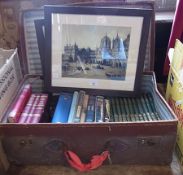 Leather suitcase containing quantity hardback books, including novels by Sir Walter Scott and