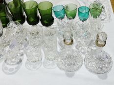 Quantity stemmed cut glass wines, two cut glass decanters with trelliswork together with green and