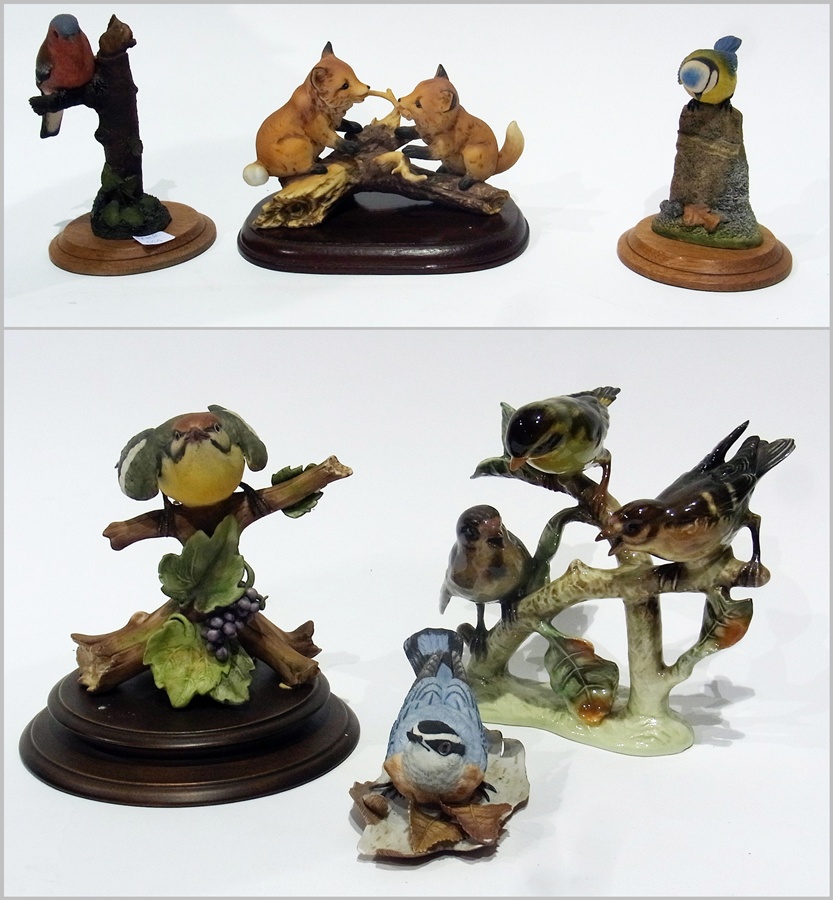 Goebel model group of three siskin, four other bird models and Alexander porcelain model  of two fox