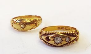 18ct gold and diamond three-stone ring, gypsy set (one stone missing), and another 18ct gold and
