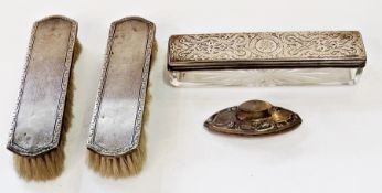 1920s dressing table brushes (2), engine turned, with foliate scroll borders, a glass silver-