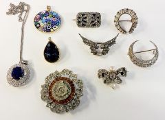 Various vintage diamante brooches, one in the form of a bow with a small pearl, a millefiori