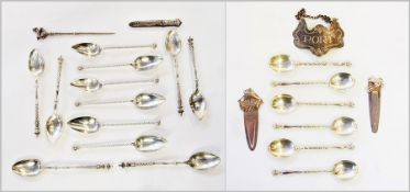 Set of five Dutch silver-coloured teaspoons with spirally twisted handles, ball terminals,