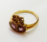 Victorian yellow metal, pink tourmaline and diamond sweetheart ring, in the form of two heart-shaped