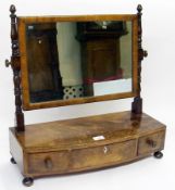 Mahogany box base swing toilet mirror with bow-fronted base having three drawers, on bun feet,