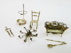 Dutch silver-coloured metal miniature model fireside companion stand with three miniature tools,